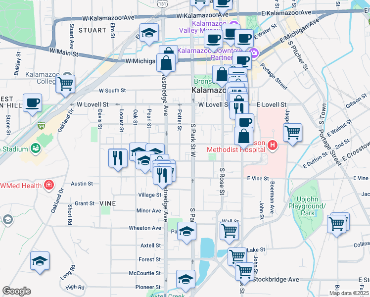 map of restaurants, bars, coffee shops, grocery stores, and more near 432 West Walnut Street in Kalamazoo