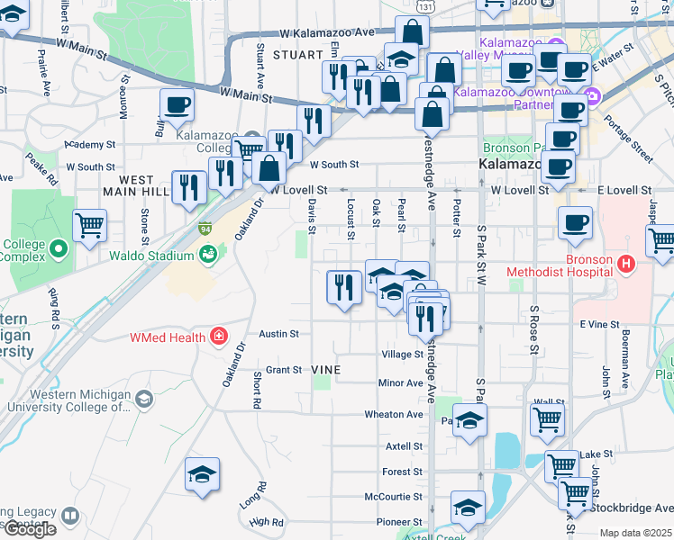 map of restaurants, bars, coffee shops, grocery stores, and more near 816 West Walnut Street in Kalamazoo