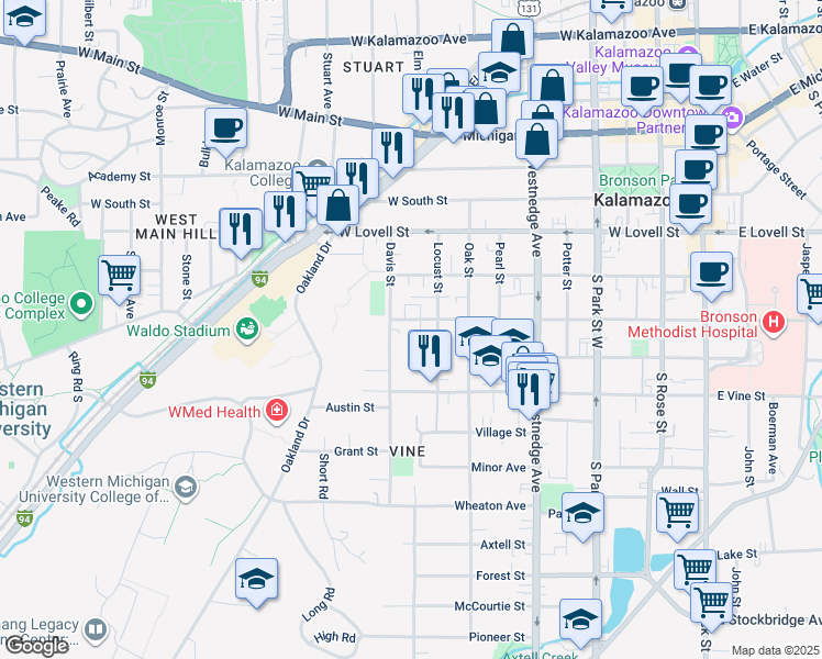 map of restaurants, bars, coffee shops, grocery stores, and more near 816 West Walnut Street in Kalamazoo