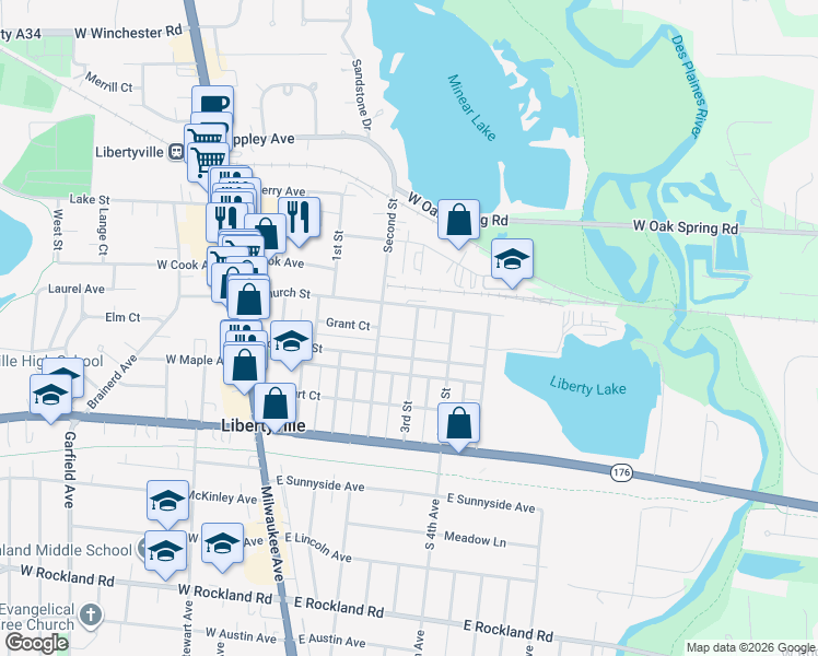 map of restaurants, bars, coffee shops, grocery stores, and more near 344 Second Street in Libertyville