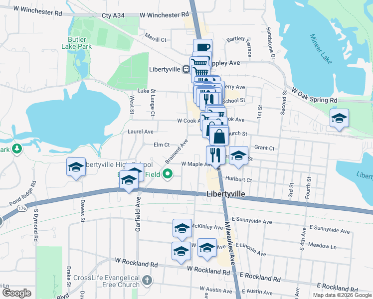 map of restaurants, bars, coffee shops, grocery stores, and more near 429 Brainerd Avenue in Libertyville