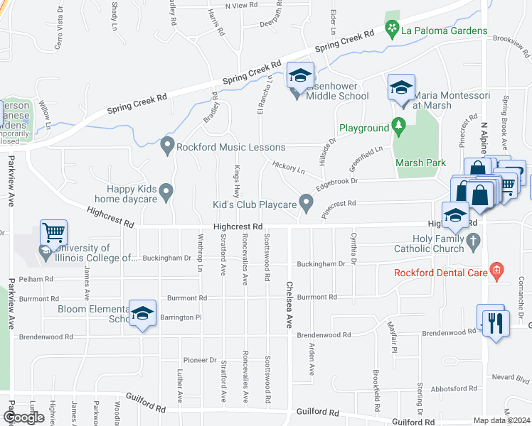 map of restaurants, bars, coffee shops, grocery stores, and more near 1715 Old Wood Road in Rockford