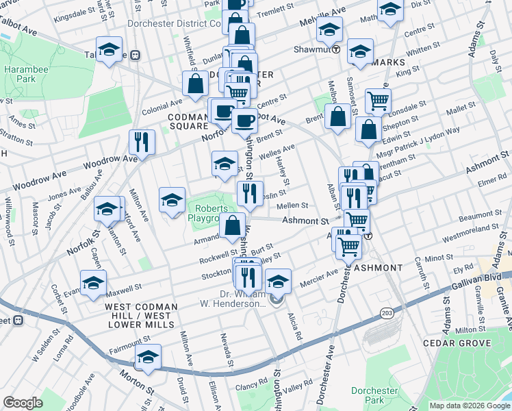 map of restaurants, bars, coffee shops, grocery stores, and more near 5 Dunbar Avenue in Boston