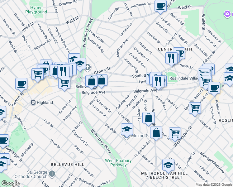 map of restaurants, bars, coffee shops, grocery stores, and more near 261 Belgrade Avenue in Boston