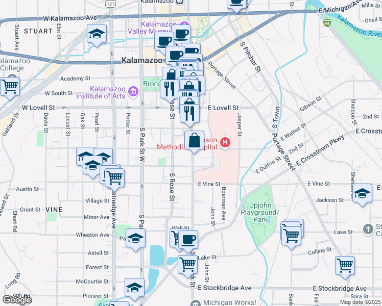map of restaurants, bars, coffee shops, grocery stores, and more near 610 South Burdick Street in Kalamazoo