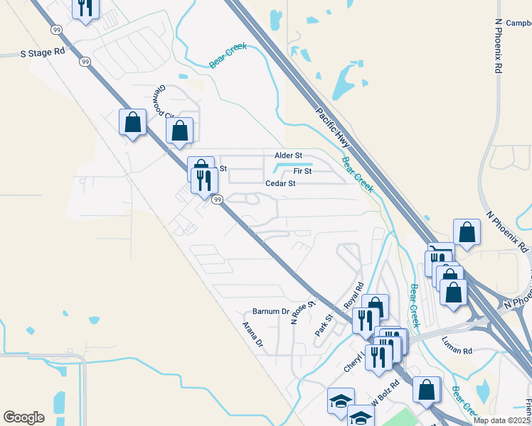 map of restaurants, bars, coffee shops, grocery stores, and more near 8514 East Evans Creek Road in Medford