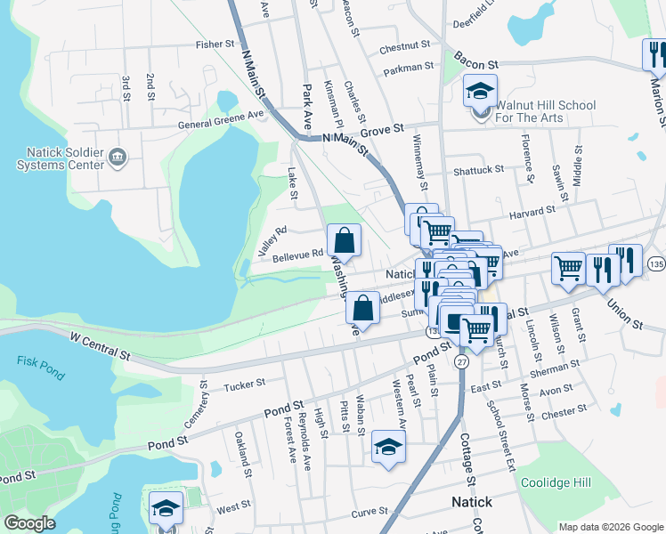 map of restaurants, bars, coffee shops, grocery stores, and more near 32 Washington Avenue in Natick