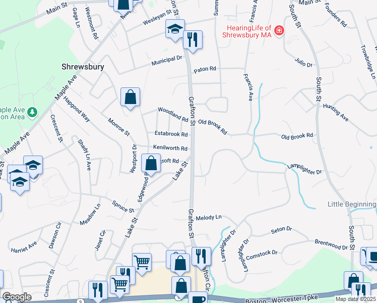 map of restaurants, bars, coffee shops, grocery stores, and more near 150 Grafton Street in Shrewsbury