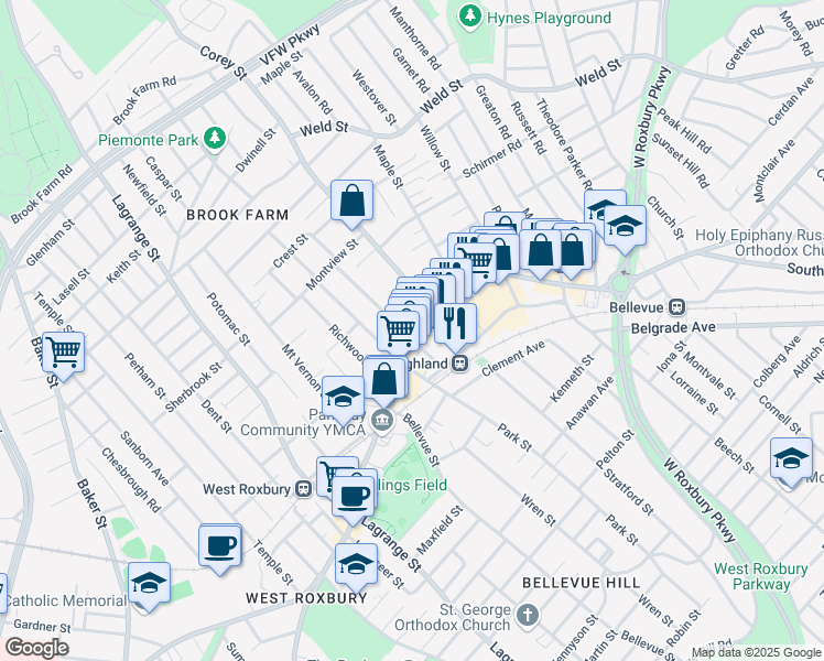 map of restaurants, bars, coffee shops, grocery stores, and more near 1883 Centre Street in Boston