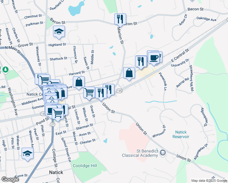map of restaurants, bars, coffee shops, grocery stores, and more near 22 Marion Street in Natick