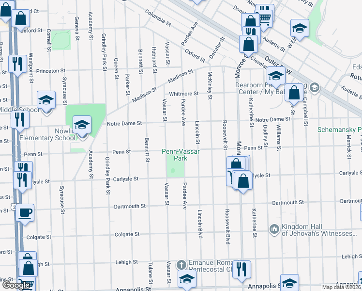 map of restaurants, bars, coffee shops, grocery stores, and more near 3405 Pardee Avenue in Dearborn
