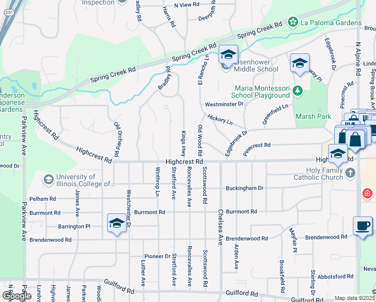 map of restaurants, bars, coffee shops, grocery stores, and more near 1724 Old Wood Road in Rockford