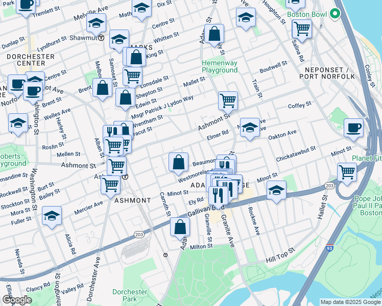 map of restaurants, bars, coffee shops, grocery stores, and more near 33 Bateswell Road in Boston