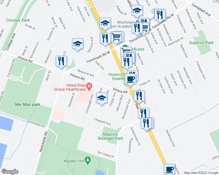 map of restaurants, bars, coffee shops, grocery stores, and more near 1608 Prince Road in Windsor