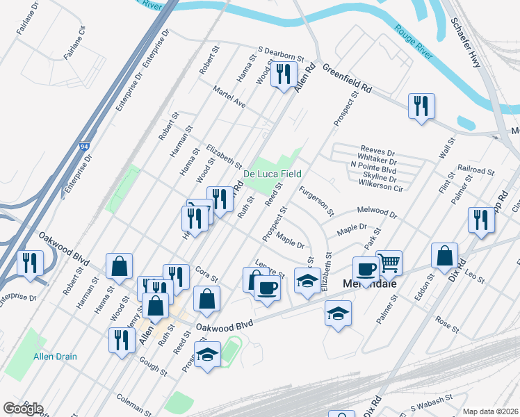map of restaurants, bars, coffee shops, grocery stores, and more near 17659 Ruth Street in Melvindale