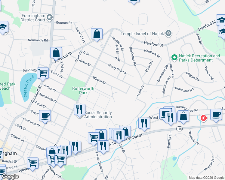 map of restaurants, bars, coffee shops, grocery stores, and more near 51 Morency Street in Framingham