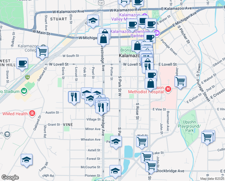 map of restaurants, bars, coffee shops, grocery stores, and more near 432 West Walnut Street in Kalamazoo
