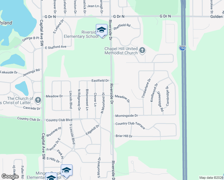 map of restaurants, bars, coffee shops, grocery stores, and more near 707 Riverside Drive in Battle Creek