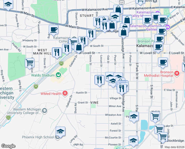 map of restaurants, bars, coffee shops, grocery stores, and more near 839 West Walnut Street in Kalamazoo