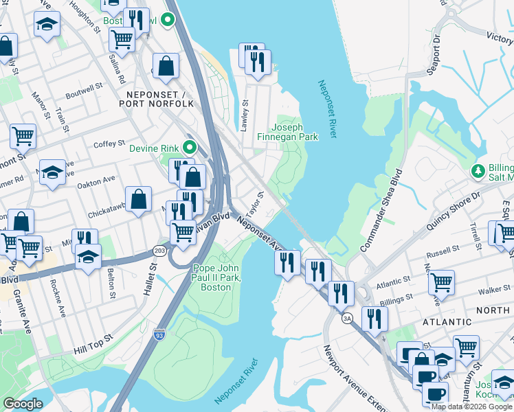 map of restaurants, bars, coffee shops, grocery stores, and more near 31-39 Taylor Street in Boston
