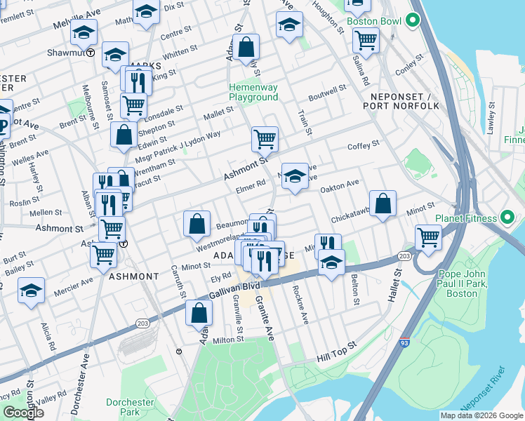 map of restaurants, bars, coffee shops, grocery stores, and more near 679 Adams Street in Boston