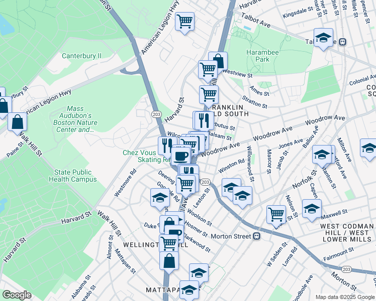 map of restaurants, bars, coffee shops, grocery stores, and more near 1111 Massachusetts 28 in Boston
