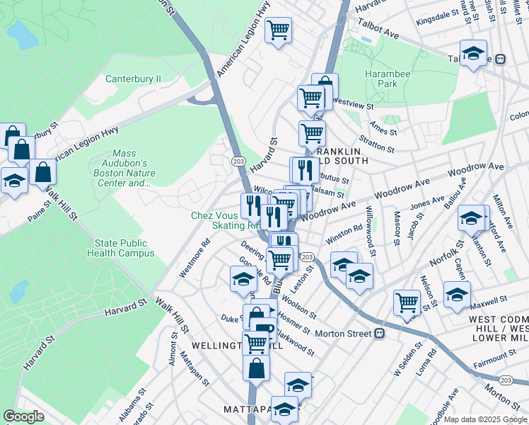 map of restaurants, bars, coffee shops, grocery stores, and more near 29 Havelock Street in Boston