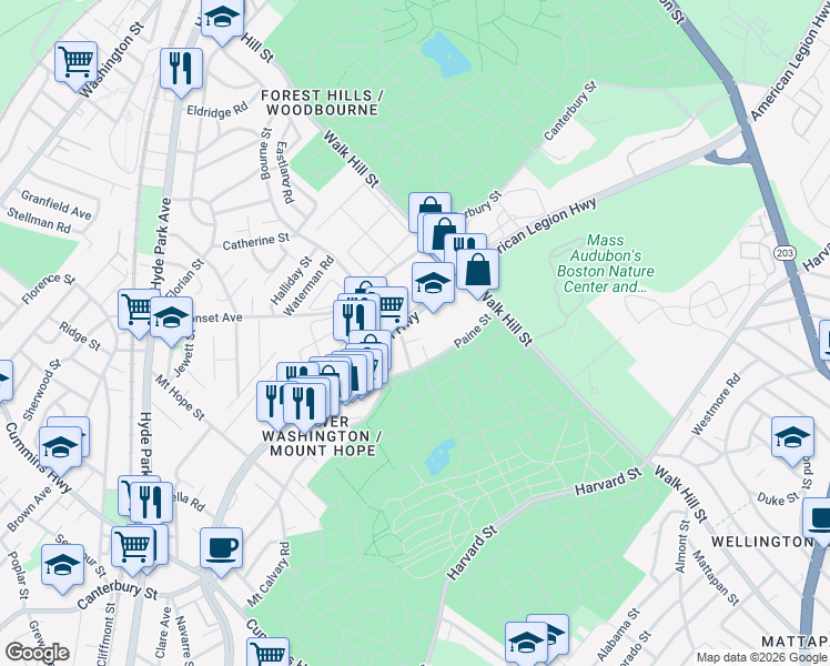map of restaurants, bars, coffee shops, grocery stores, and more near 592 American Legion Highway in Boston
