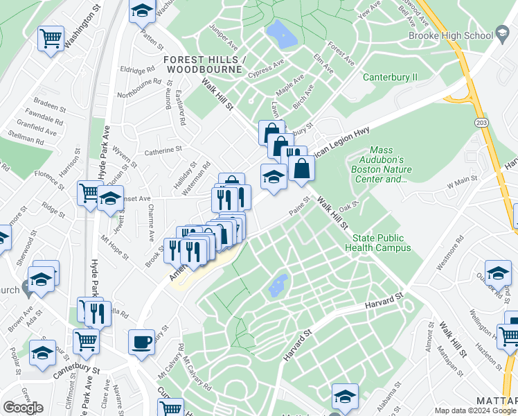 map of restaurants, bars, coffee shops, grocery stores, and more near 592 American Legion Highway in Boston