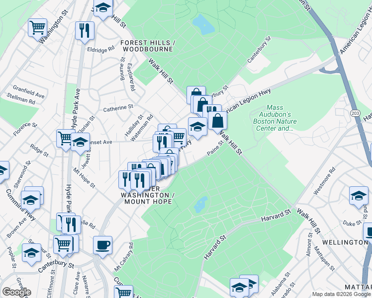 map of restaurants, bars, coffee shops, grocery stores, and more near 592 American Legion Highway in Boston