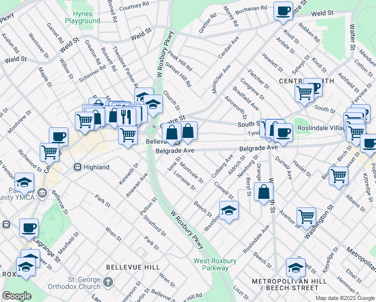 map of restaurants, bars, coffee shops, grocery stores, and more near 4 McCraw Street in Boston