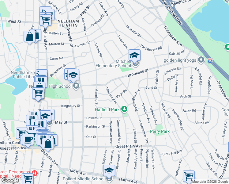 map of restaurants, bars, coffee shops, grocery stores, and more near 14 Melrose Avenue in Needham