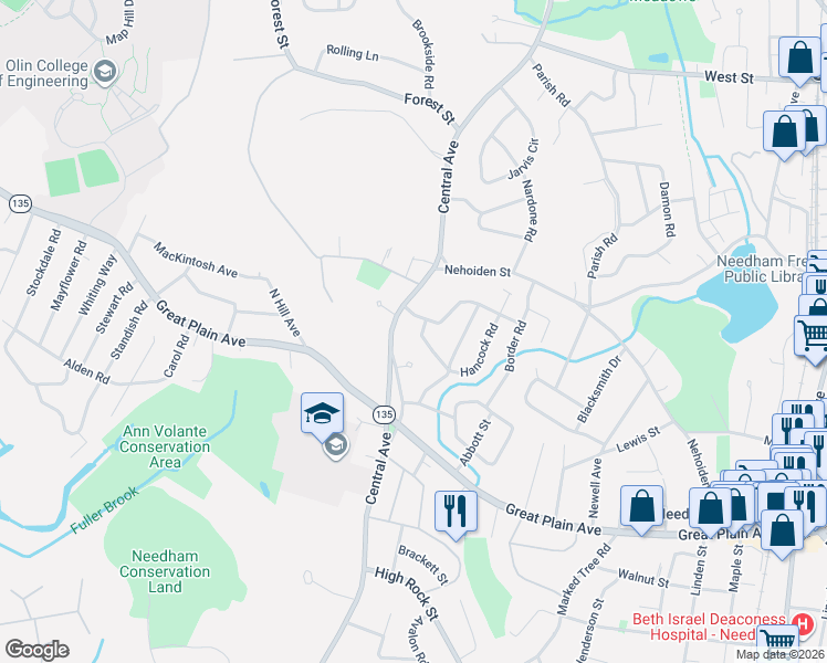 map of restaurants, bars, coffee shops, grocery stores, and more near 18 Meetinghouse Circle in Needham