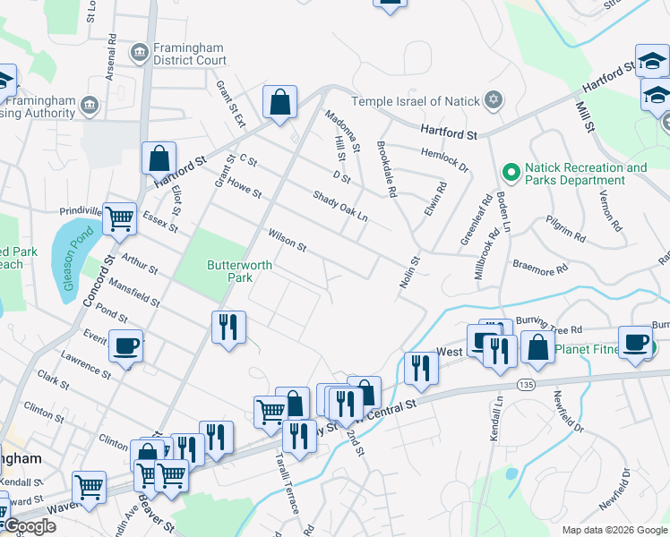 map of restaurants, bars, coffee shops, grocery stores, and more near 51 Morency Street in Framingham