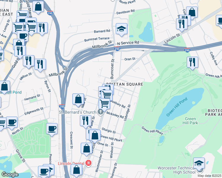 map of restaurants, bars, coffee shops, grocery stores, and more near 14 Norton Street in Worcester