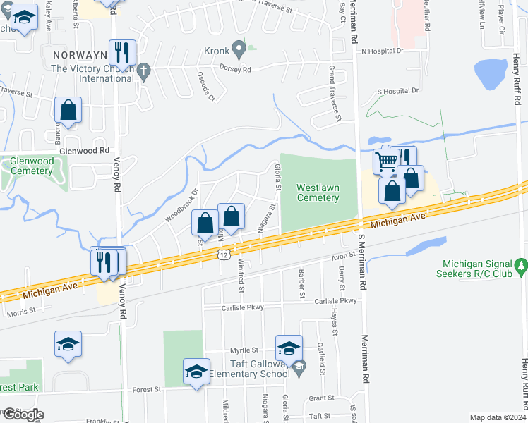 map of restaurants, bars, coffee shops, grocery stores, and more near 3109 Winifred Street in Wayne