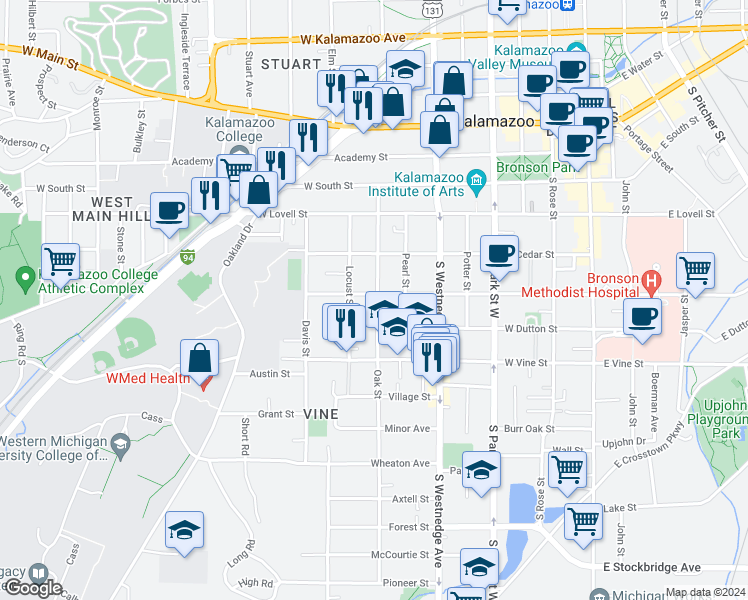 map of restaurants, bars, coffee shops, grocery stores, and more near 712 West Walnut Street in Kalamazoo