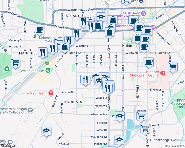 map of restaurants, bars, coffee shops, grocery stores, and more near 712 West Walnut Street in Kalamazoo