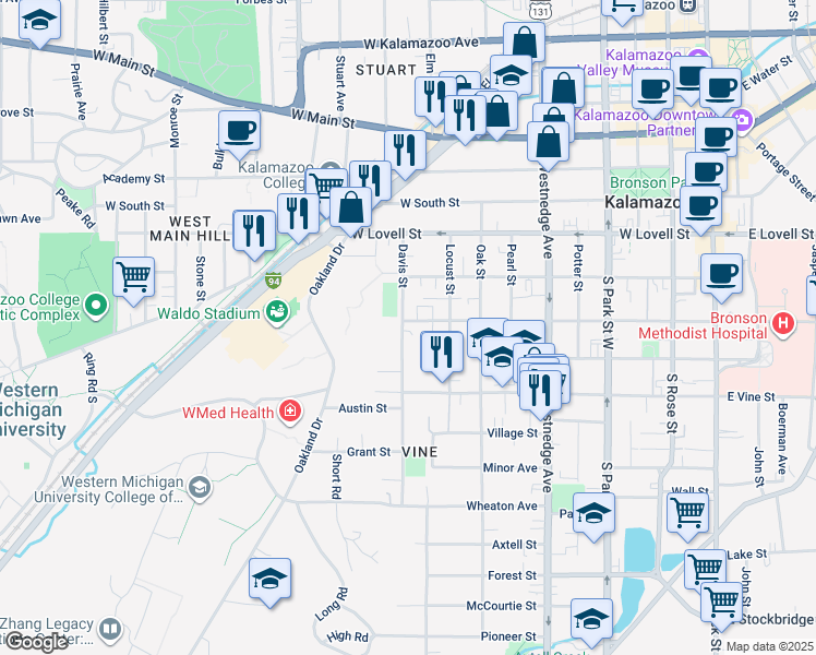 map of restaurants, bars, coffee shops, grocery stores, and more near 816 West Walnut Street in Kalamazoo