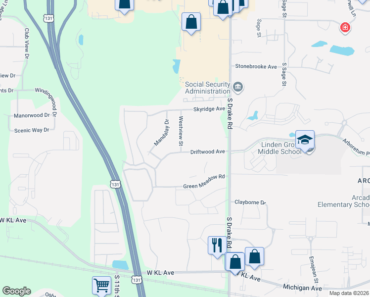 map of restaurants, bars, coffee shops, grocery stores, and more near 5174 Driftwood Avenue in Kalamazoo