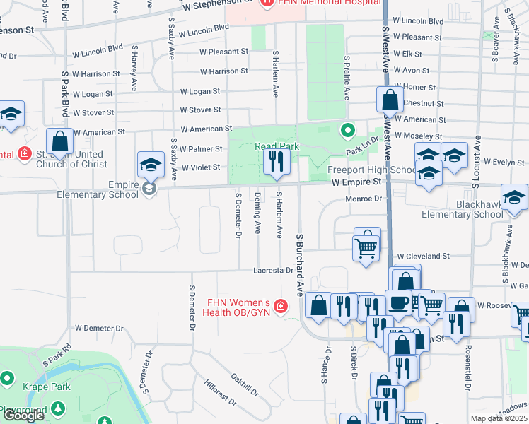 map of restaurants, bars, coffee shops, grocery stores, and more near 1320 Deming Avenue in Freeport