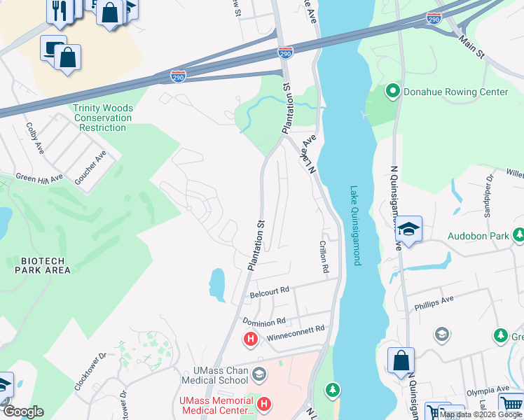 map of restaurants, bars, coffee shops, grocery stores, and more near 480 Plantation Street in Worcester