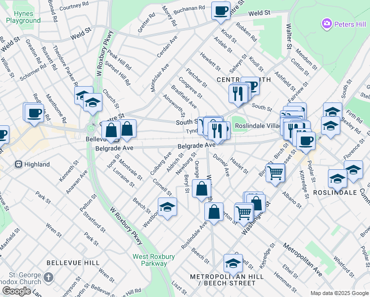 map of restaurants, bars, coffee shops, grocery stores, and more near 193 Belgrade Avenue in Boston