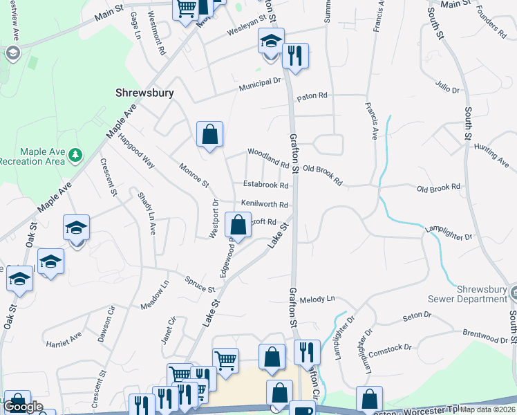 map of restaurants, bars, coffee shops, grocery stores, and more near 18 Kenilworth Road in Shrewsbury