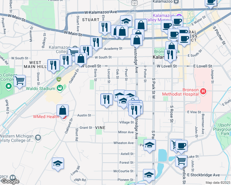 map of restaurants, bars, coffee shops, grocery stores, and more near 703 West Walnut Street in Kalamazoo
