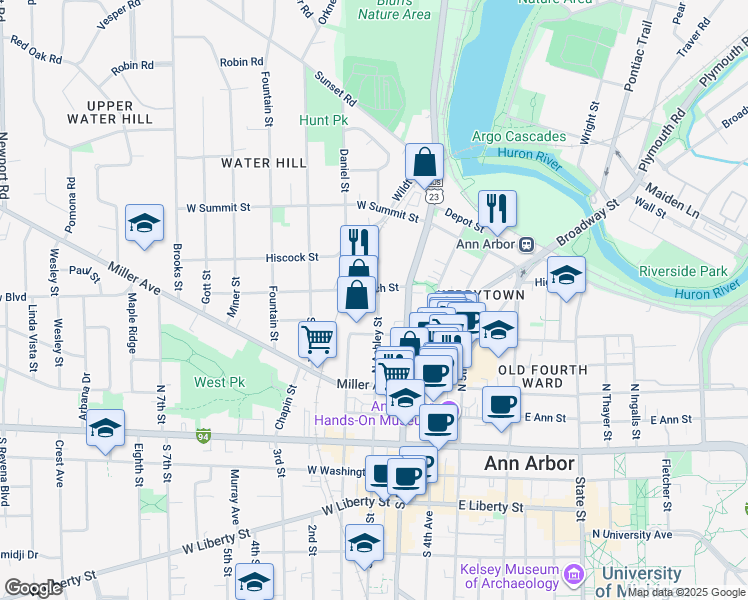 map of restaurants, bars, coffee shops, grocery stores, and more near 527 North Ashley Street in Ann Arbor