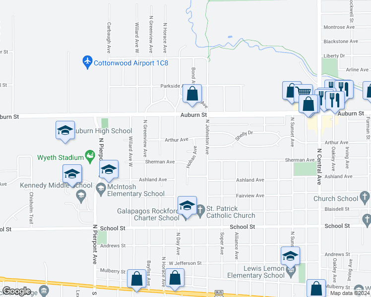 map of restaurants, bars, coffee shops, grocery stores, and more near 2620 Boylan Court in Rockford
