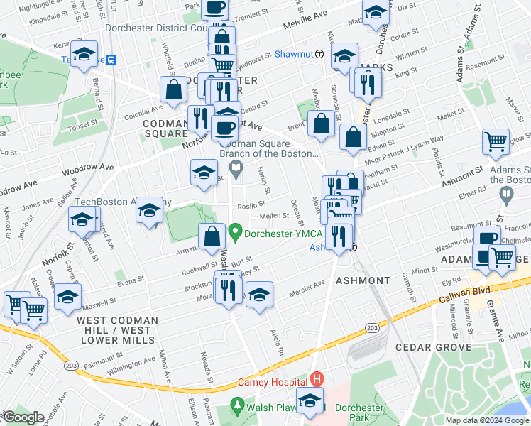 map of restaurants, bars, coffee shops, grocery stores, and more near 39 Mellen Street in Boston