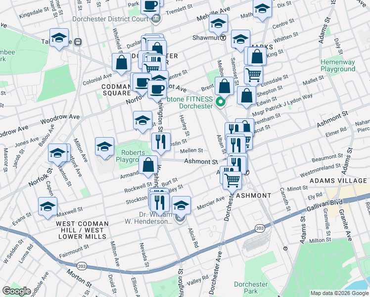 map of restaurants, bars, coffee shops, grocery stores, and more near 51 Roslin Street in Boston