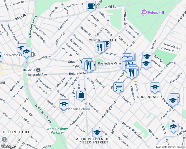 map of restaurants, bars, coffee shops, grocery stores, and more near 133 Belgrade Avenue in Boston